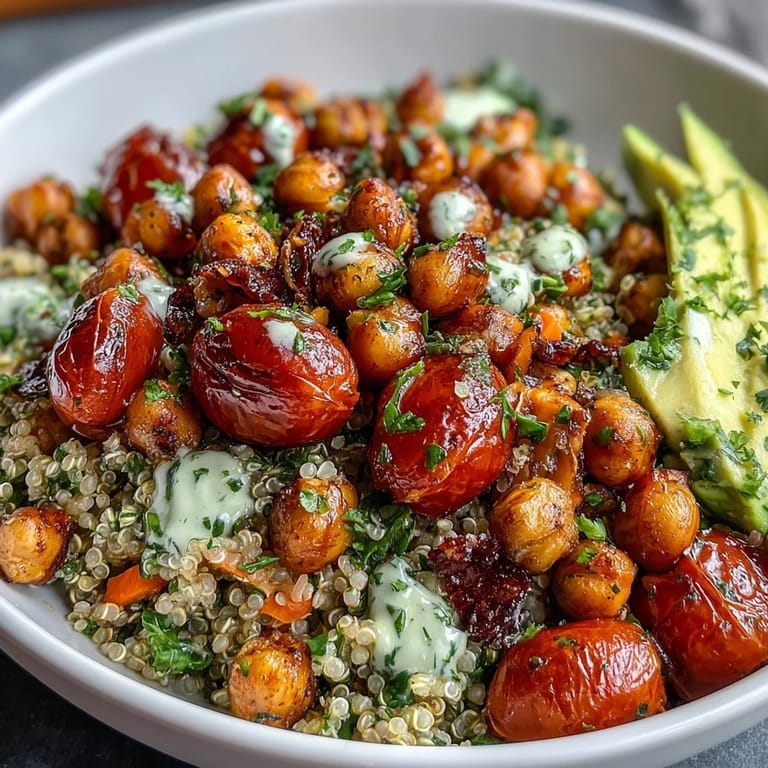 Vibrant Lemon Vinaigrette Grain Bowls with Roasted Chickpeas packed with fresh vegetables, creamy avocado, and crunchy roasted chickpeas.  