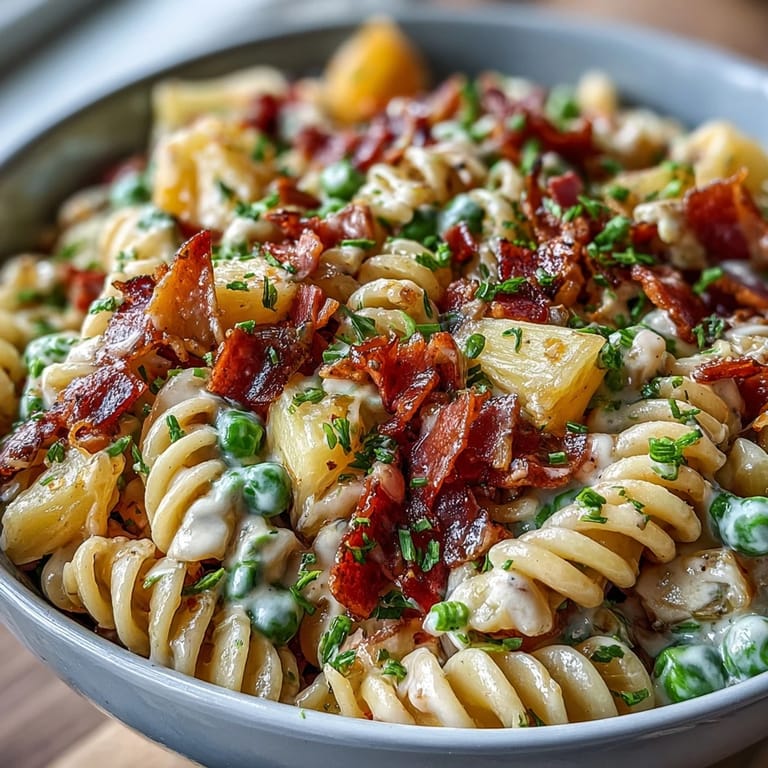 Creamy ranch-dressed Hawaiian pasta salad featuring diced ham, juicy pineapple, crisp bell peppers, and crunchy celery for a refreshing side dish.