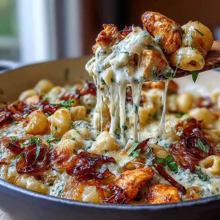 Cozy French Onion Chicken Pasta in a Dutch oven, topped with bubbly Gruyère and fresh thyme.