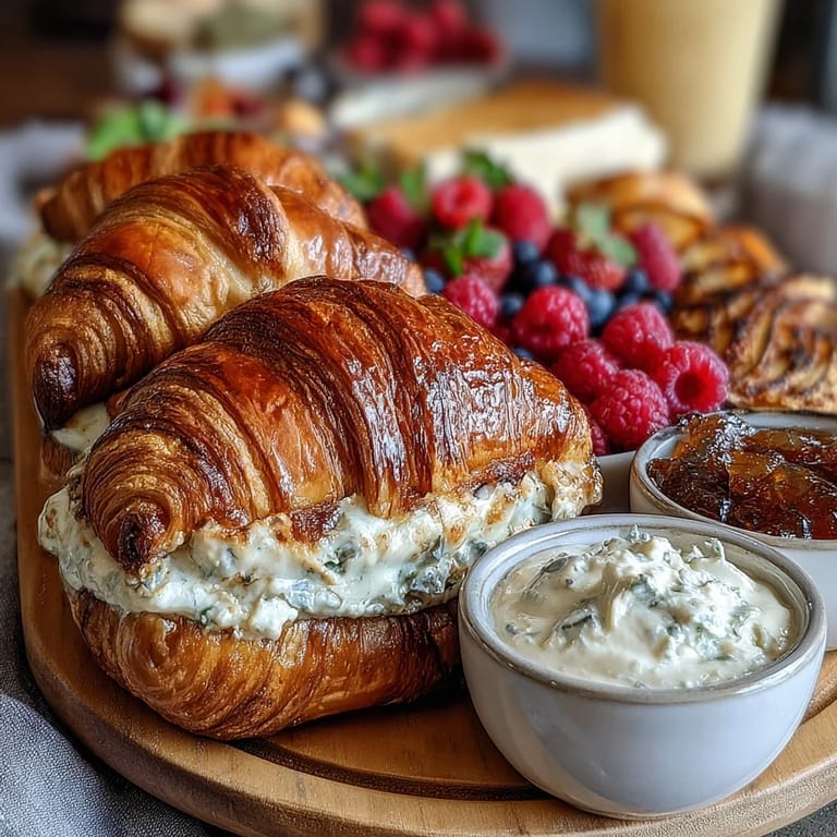 Elegant Mothers Day brunch board featuring flaky croissants, colorful berries, grapes, and champagne mimosas, ready to serve.