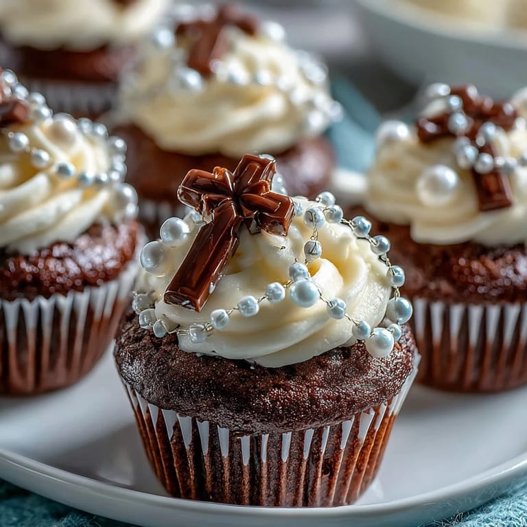 Elegant vanilla mini cupcakes frosted with smooth buttercream and adorned with handmade fondant rosary toppers, ideal for First Communion parties and dessert tables.