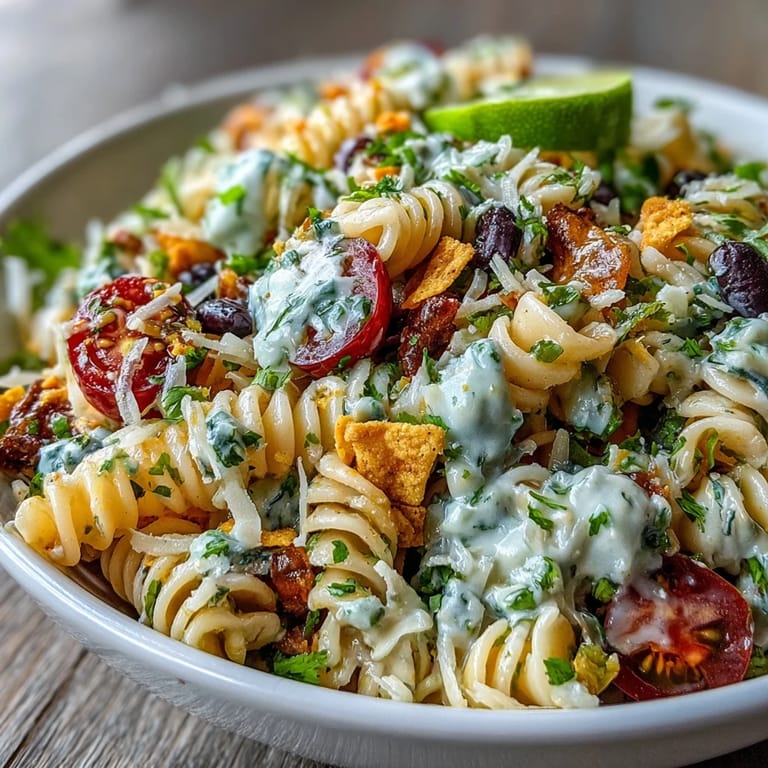 Vibrant Tex-Mex pasta salad featuring creamy taco dressing, fresh avocado, and crunchy tortilla chips.  