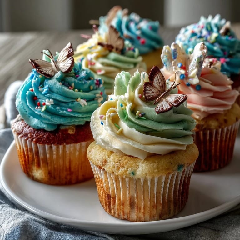 Delightful vanilla cupcakes adorned with swirled pastel buttercream and graceful butterfly toppers, ideal for Easter or garden parties.