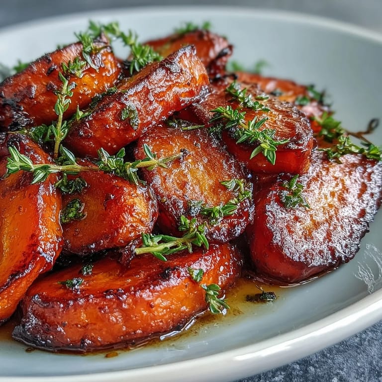 Honey Glazed Roasted Carrots with Thyme: tender carrots caramelized to perfection in a glossy honey-thyme glaze, served warm and fragrant for any dinner table.