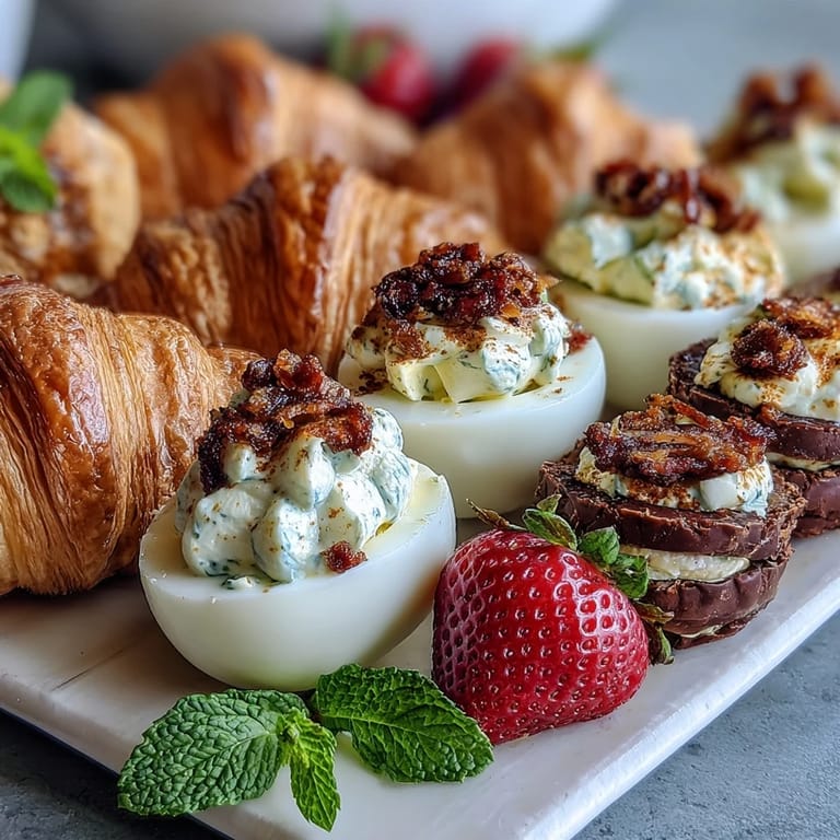 Elegant Easter brunch platter featuring creamy deviled eggs, vibrant seasonal fruit, and assorted pastries for sharing.