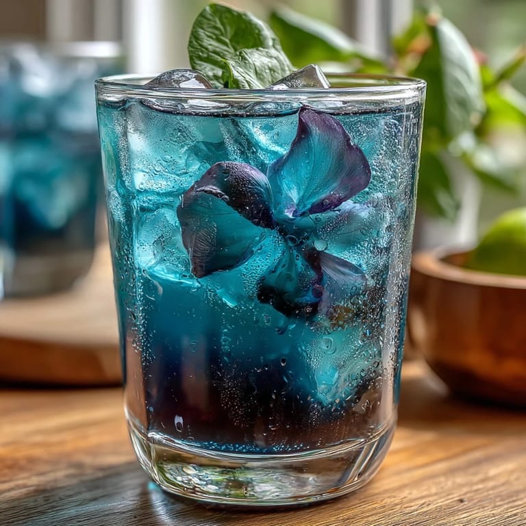 Magical butterfly pea flower lemonade that transforms from deep blue to vivid purple when mixed with lemon juice.