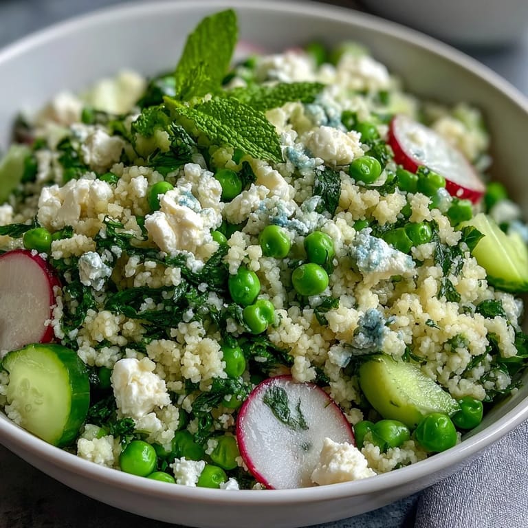 Fluffy couscous tossed with tender spring peas, chopped mint, and crisp cucumber, drizzled with zesty lemon-garlic dressing for a refreshing Mediterranean salad.