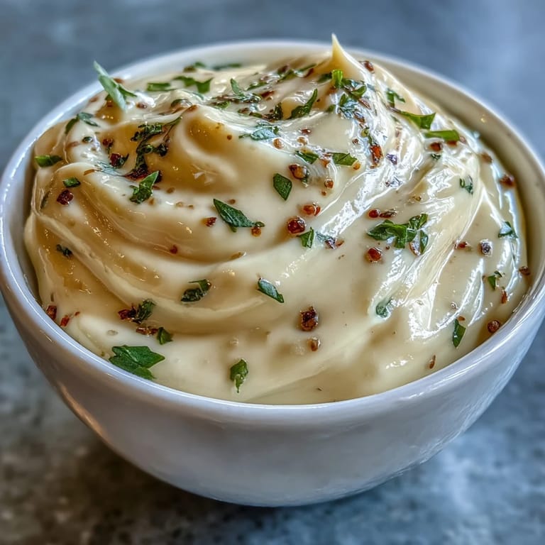 Homemade garlic aioli in a rustic bowl, showcasing its rich, velvety texture and fresh garlic aroma.  