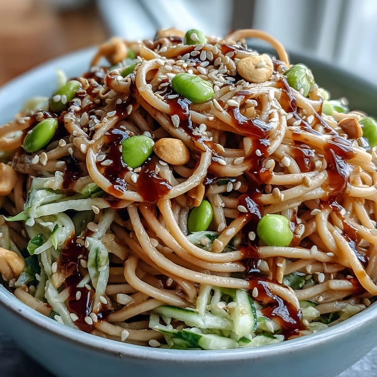 Colorful sesame ginger noodle bowl with soba noodles, shredded carrots, and edamame tossed in tangy dressing.