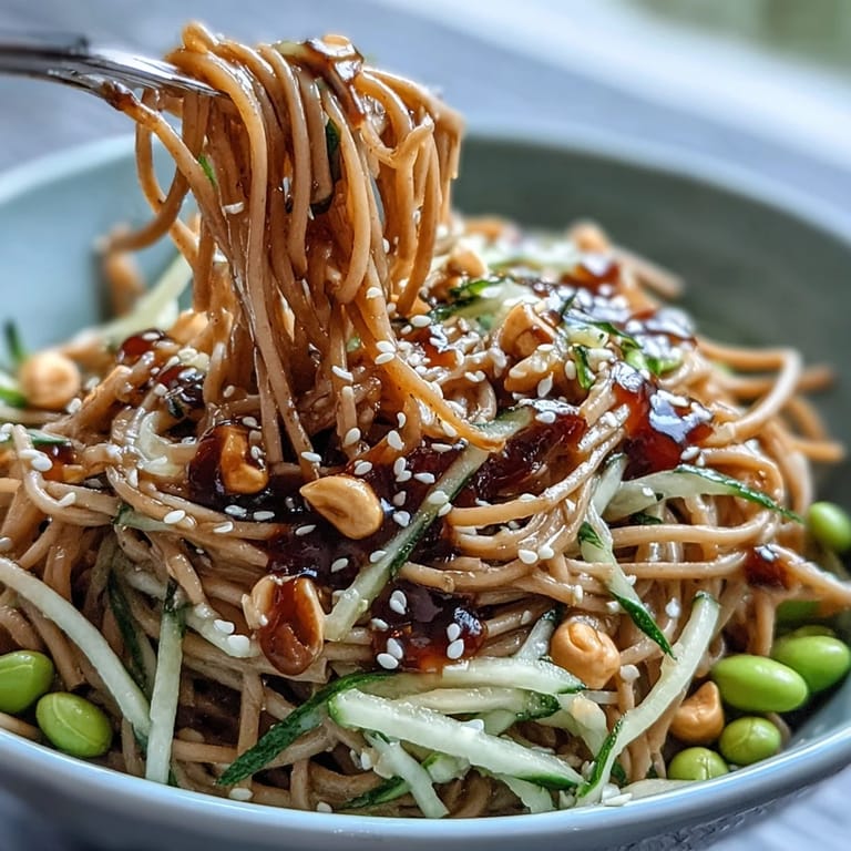 Refreshing cold sesame noodle bowl featuring ginger dressing, crisp vegetables, and toasted sesame seeds for a light meal.  
