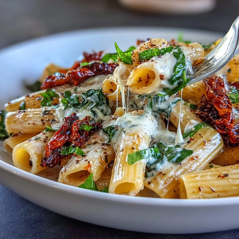 Delicious One-Pot Tuscan Pasta, featuring vibrant sun-dried tomatoes and creamy sauce.