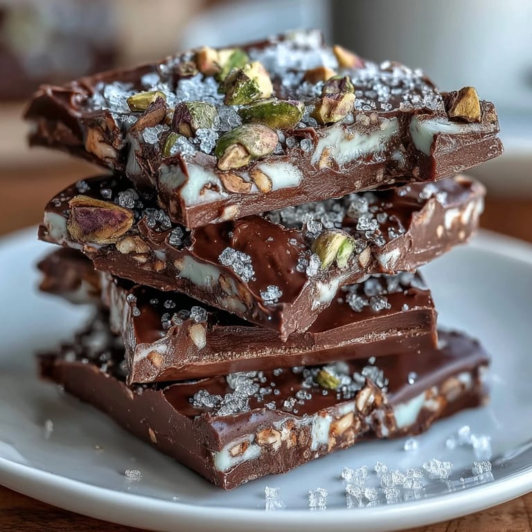 Decadent chocolate bark featuring golden kataifi pastry, pistachio cream, and rose petal garnish.