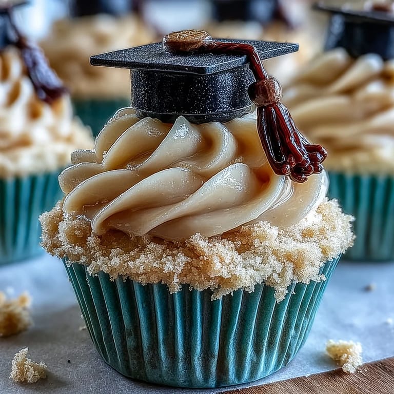 Visually imagine vanilla Graduation Cupcakes topped with luscious frosting and shiny fondant caps.