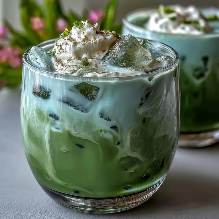A refreshing Mother's Day iced matcha latte, artfully layered with vanilla foam.