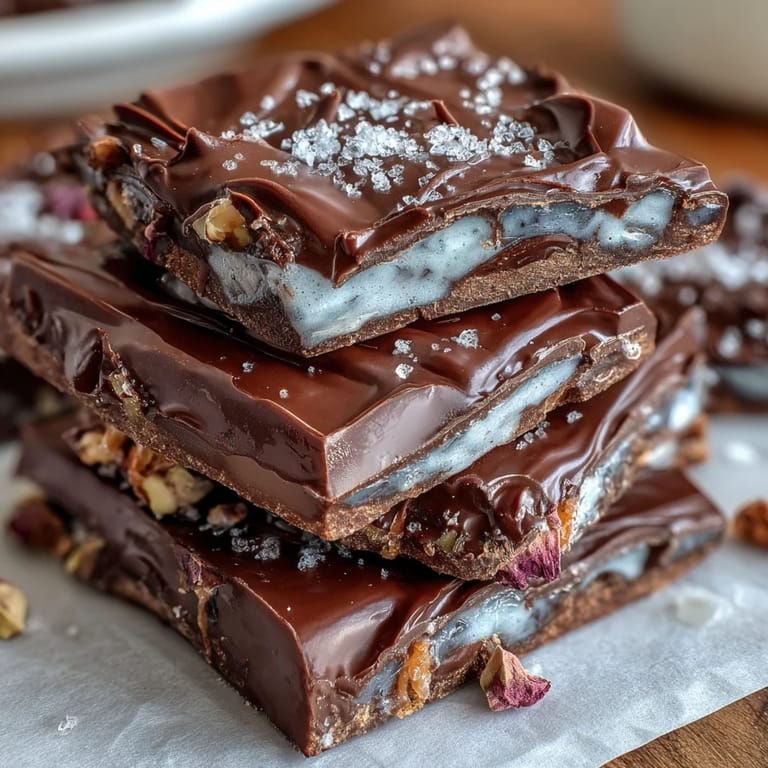 Middle Eastern-inspired chocolate bark with layers of dark chocolate, crisp kataifi, and pistachio filling.