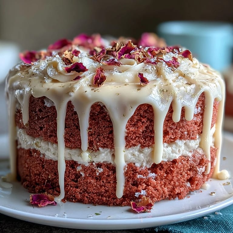 Rosé velvet cake with creamy buttercream frosting, finished with a stunning edible gold drip and delicate floral accents.