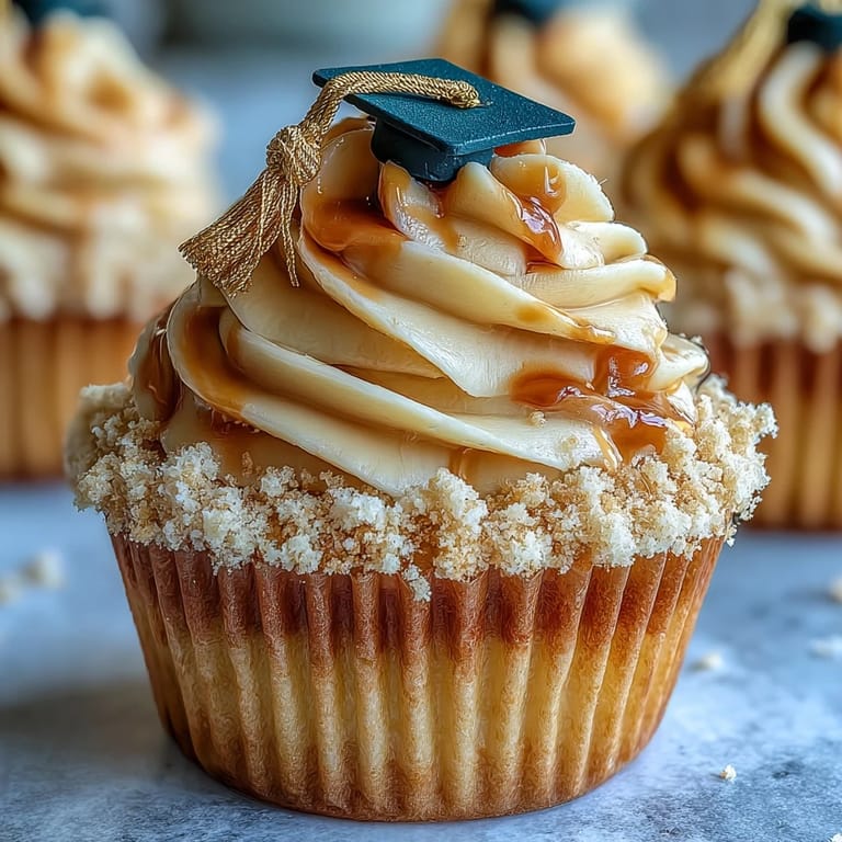 Delicious Graduation Cupcakes featuring celebratory black and gold fondant caps perfect for parties.