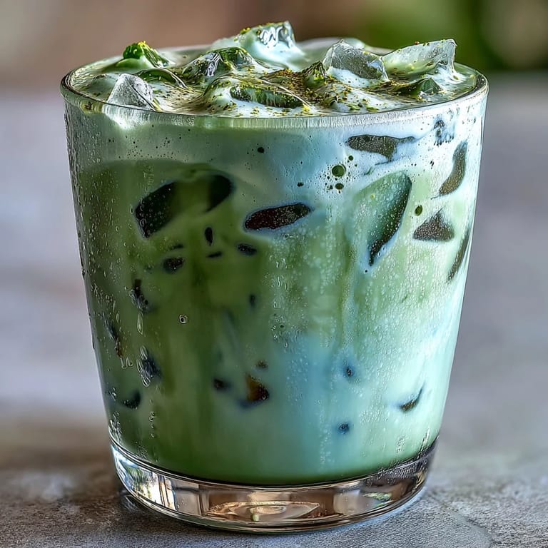 Vibrant green Mother's Day iced matcha latte topped with sweet vanilla foam.