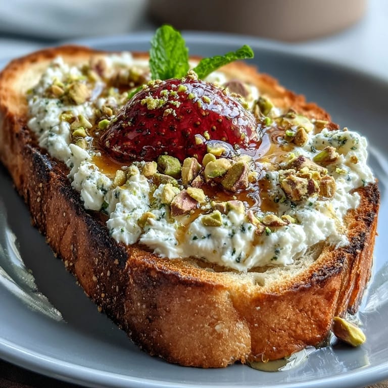 Delicious Strawberry Honey Ricotta Toast piled high with fresh berries and toasted pistachios.