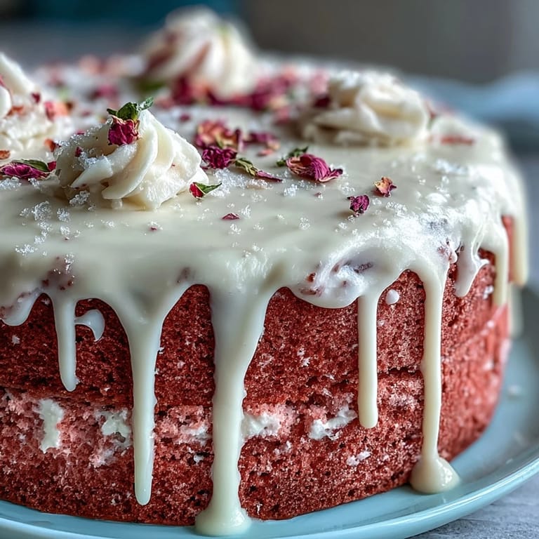 A stunning pink velvet cake infused with rosé wine, topped with a luxurious edible gold drip for bridal showers.