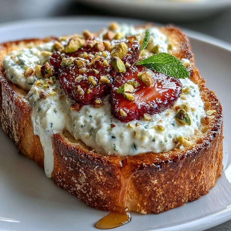 Golden toast topped with fluffy ricotta, juicy strawberries, honey drizzle, and nutty pistachios.