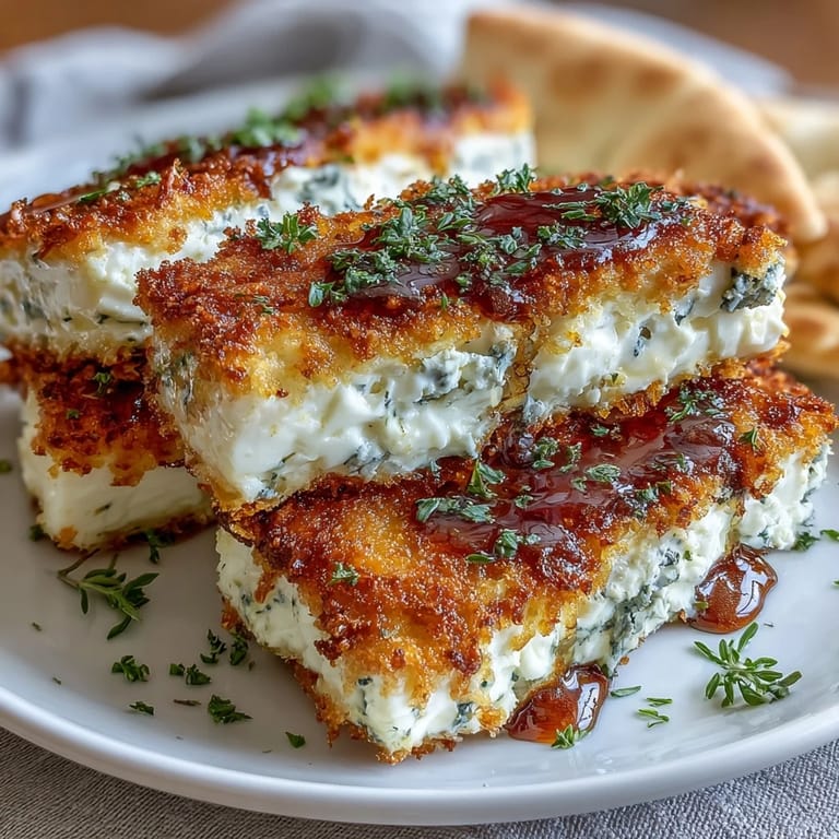 Warm, golden-brown panko-crusted feta slabs served with honey drizzle and chopped herbs, perfect for Mediterranean-style snacking.