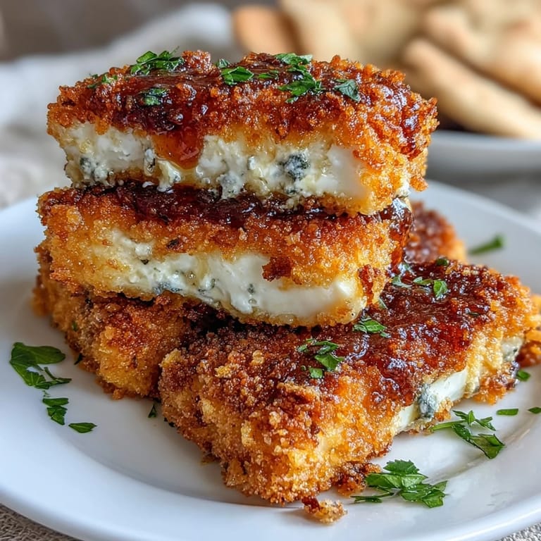 Oven-baked crispy feta bites coated in seasoned panko, topped with honey and fresh herbs for a delightful appetizer.
