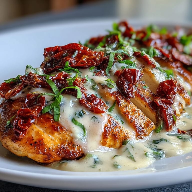Golden seared chicken breasts simmered in a luscious, herb-infused cream sauce with vibrant sun-dried tomatoes.  