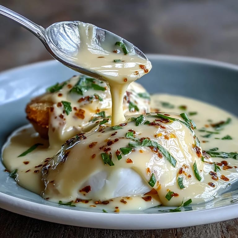 Velvety Blender Hollandaise Sauce poured over steamed asparagus, showcasing its creamy texture and golden hue perfect for brunch or dinner.