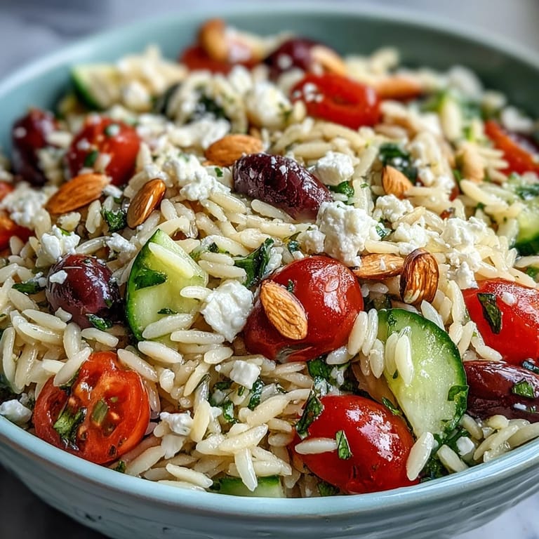 Tangy lemon dressing coats this Summer Orzo Salad with creamy feta cheese.
