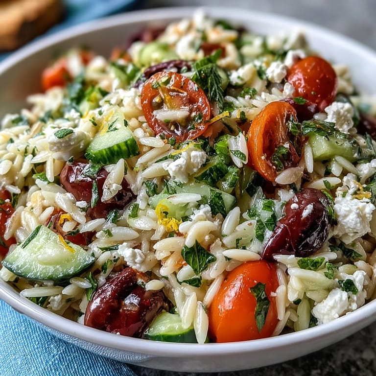 Bright, chilled Summer Orzo Salad, a vibrant bowl perfect for backyard picnics.