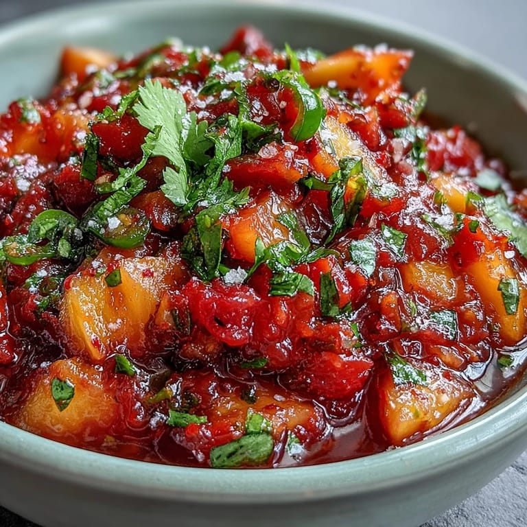 A close-up of fresh peach jalapeño salsa ready to adorn seafood.