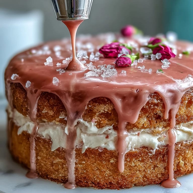 Decadent Rosé Velvet Cake, showcasing creamy frosting and a stunning gold cascade.