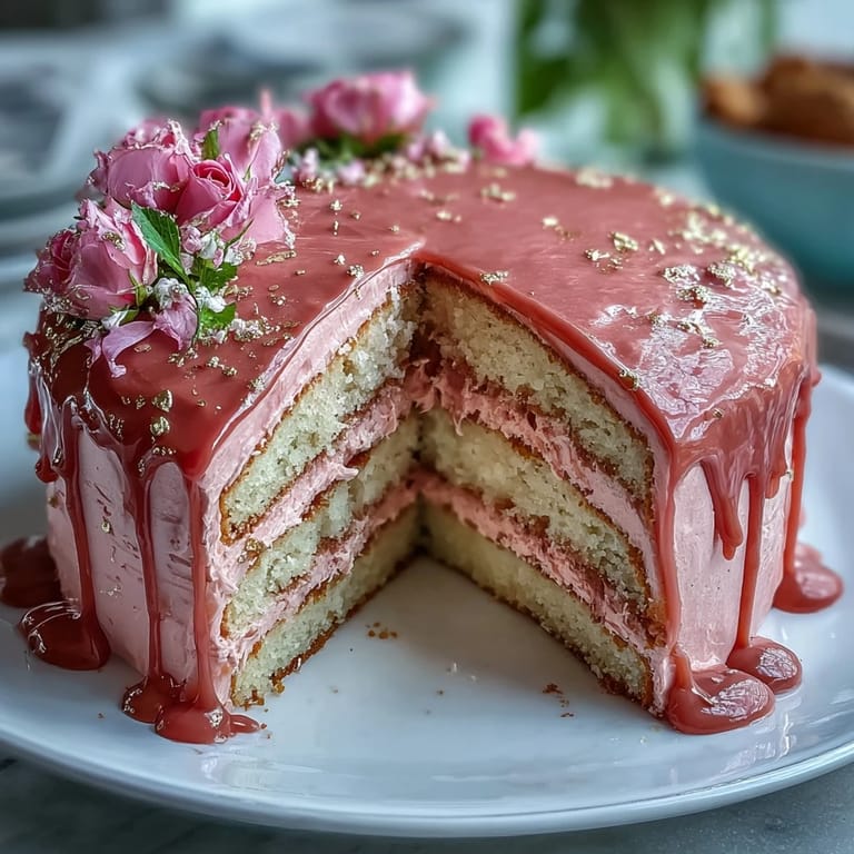 Decadent Rosé Velvet Cake showcasing a smooth, artisanal gold chocolate ganache drip.