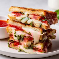 Golden-brown Caprese Grilled Cheese Dippers with melted mozzarella and fresh tomato slices, ready to dip into warm marinara sauce.
