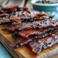 Smoky Black Currant Jerky glistening with a tangy barbecue glaze, ready to snack.