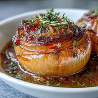 Aromatic onion boil ASMR with tender onions in a buttery spiced broth, garnished with fresh herbs for a soothing, sensory experience.