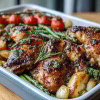 Healthy Easy Sheet Pan Chicken with Spring Veggies sizzling on a colorful sheet pan with tender chicken and crisp seasonal vegetables.