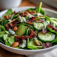 Crisp spring green salad with honey mustard dressing, topped with toasted almonds and fresh herbs for a refreshing bite.  