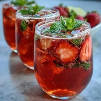 A vibrant glass of strawberry lemon sparkling mocktail with fresh strawberry slices and lemon garnish, perfect for a refreshing spring drink.