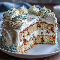 Fluffy vanilla sheet cake with creamy vanilla buttercream, decorated with festive graduation sprinkles and edible toppers.