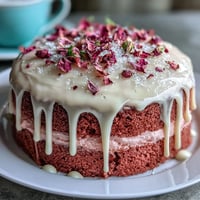 Elegant pink velvet cake infused with rosé wine, topped with shimmering gold drip for a bridal shower centerpiece.