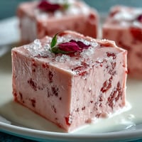 Vibrant strawberry rose gelatin mosaic cake with jewel-like cubes and creamy base.