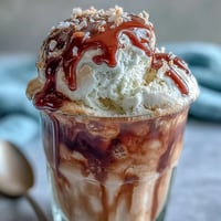 A creamy coconut cold brew float topped with melting vanilla bean ice cream.