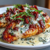 Creamy Marry Me Chicken with sun-dried tomatoes and garlic in a rich Parmesan sauce, served in a skillet.  
