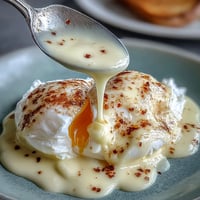 Silky smooth Blender Hollandaise Sauce drizzled over poached eggs on an English muffin, garnished with fresh chives and a sprinkle of paprika.