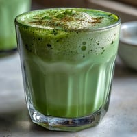 Vibrant matcha oat milk latte, a naturally green, frothy vegan beverage.